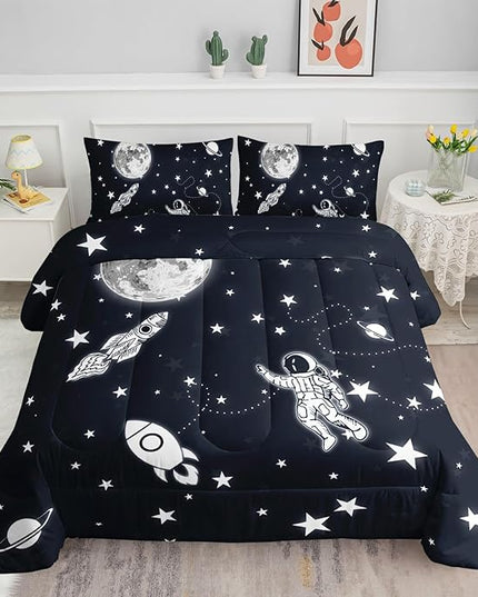 Datura home Kids Comforter Set Astronaut Space Rocket Printed Pattern Quilt Bedding Set with 1 Comforter and 2 Pillowcases for Girls Bedroom All Season(Space Rocket Queen), Queen 90x90inches - LeafyLoom