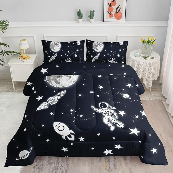 Datura home Kids Comforter Set Astronaut Space Rocket Printed Pattern Quilt Bedding Set with 1 Comforter and 2 Pillowcases for Girls Bedroom All Season(Space Rocket Queen), Queen 90x90inches - LeafyLoom