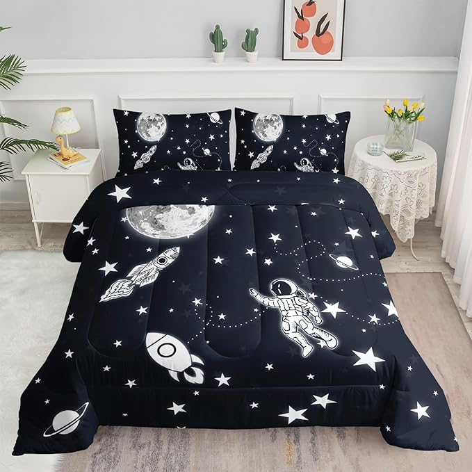 Datura home Kids Comforter Set Astronaut Space Rocket Printed Pattern Quilt Bedding Set with 1 Comforter and 2 Pillowcases for Girls Bedroom All Season(Space Rocket Twin), Twin 68x86inches - LeafyLoom