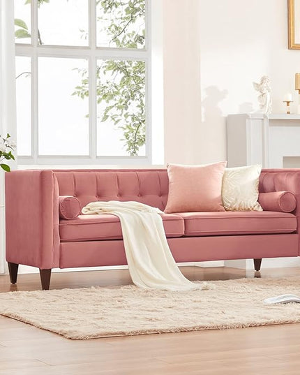 Dreamsir 78'' W Velvet Sofa, Mid-Century Love Seats Sofa Furniture with Bolster Pillows, Button Tufted Couch for Living Room, Tool-Free Assembly (Sofa, Pink) - LeafyLoom