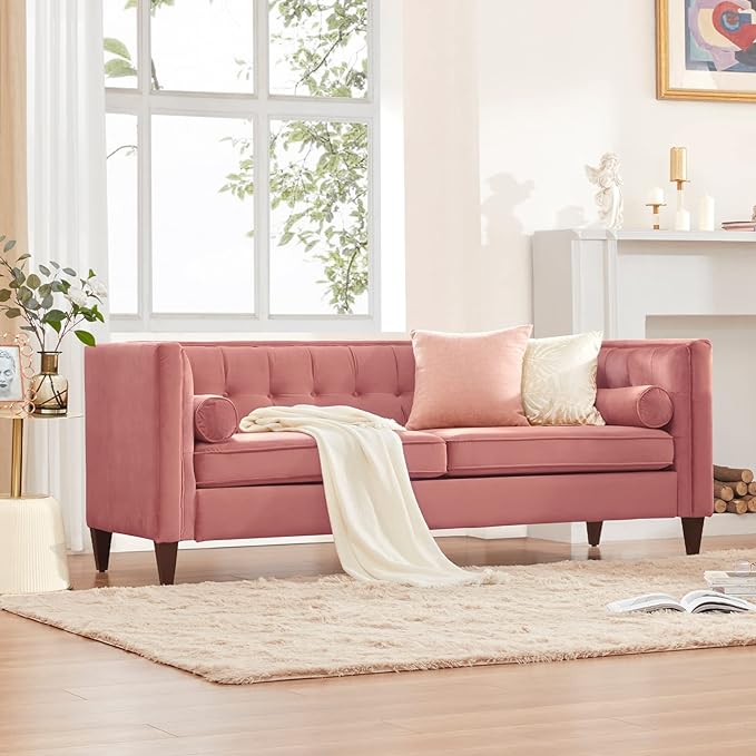 Dreamsir 78'' W Velvet Sofa, Mid-Century Love Seats Sofa Furniture with Bolster Pillows, Button Tufted Couch for Living Room, Tool-Free Assembly (Sofa, Pink) - LeafyLoom