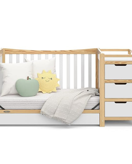 Graco Remi 4-In-1 Convertible Crib & Changer With Drawer (White & Natural) – GREENGUARD Gold Certified, Crib And Changing-Table Combo, Includes Changing Pad, Converts To Toddler Bed, Full-Size Bed - LeafyLoom
