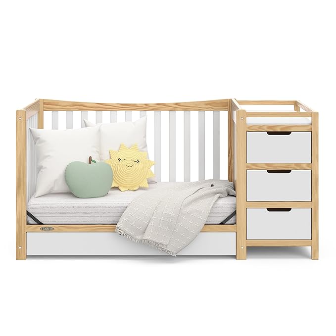 Graco Remi 4-In-1 Convertible Crib & Changer With Drawer (White & Natural) – GREENGUARD Gold Certified, Crib And Changing-Table Combo, Includes Changing Pad, Converts To Toddler Bed, Full-Size Bed - LeafyLoom
