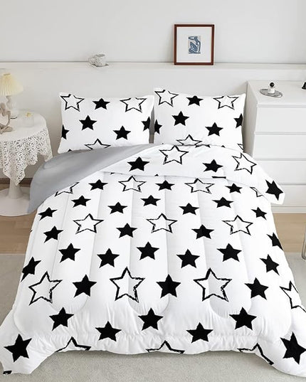 Axolotl Kids Full Bedding Comforter Set,3Pcs Super Cute Soft Black and White Stars Quilt Set Bed in A Bag with 1 Comforter 2 Pillowcases for Kids Boys Girls Teens Adults Room Decor All Season - LeafyLoom