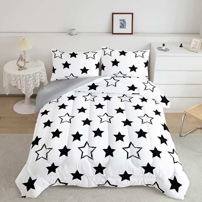 Axolotl Kids Queen Bedding Comforter Set,3Pcs Super Cute Soft Black and White Stars Quilt Set Bed in A Bag with 1 Comforter 2 Pillowcases for Kids Boys Girls Teens Adults Room Decor All Season - LeafyLoom