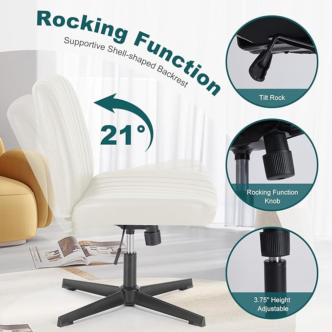 OLIXIS Cross Legged Armless Wide Adjustable Swivel Padded Home Office Desk Chair, Cream - LeafyLoom