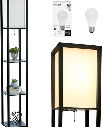 Simple Designs LF1014-BLK-LB Three Shelf Etagere Organizer Storage Floor Lamp with White Linen Shade for Living Room, Bedroom, Office, Hallway, Black, with Feit LED Bulb Included - LeafyLoom