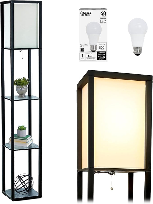 Simple Designs LF1014-BLK-LB Three Shelf Etagere Organizer Storage Floor Lamp with White Linen Shade for Living Room, Bedroom, Office, Hallway, Black, with Feit LED Bulb Included - LeafyLoom