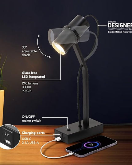 Globe Electric MRDK by Globe Series.01.TL 16" LED Desk Lamp, 2.1A Combined USB Port and USB-C Port, 5 Watts, 240 Lumens, 3000 Kelvin Warm White, Adjustable Shade, Matte Black - LeafyLoom
