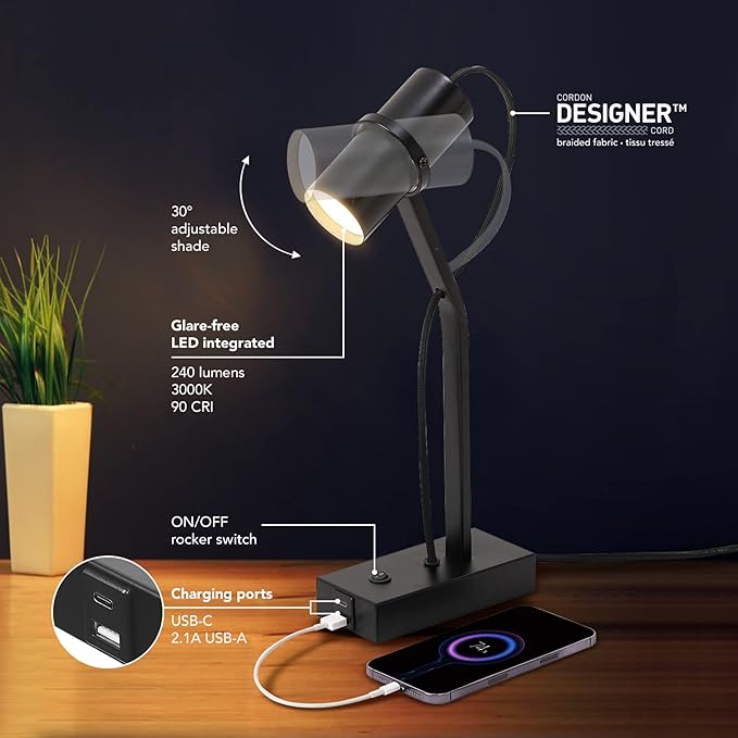 Globe Electric MRDK by Globe Series.01.TL 16" LED Desk Lamp, 2.1A Combined USB Port and USB-C Port, 5 Watts, 240 Lumens, 3000 Kelvin Warm White, Adjustable Shade, Matte Black - LeafyLoom