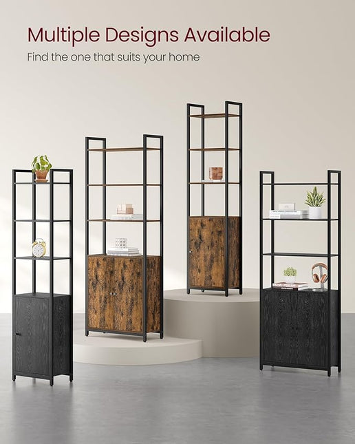 VASAGLE 6-Tier Bookshelf, Tall Bookcase with Door, Steel Frame, Adjustable Shelves, 9.4 x 15.7 x 62.8 Inches, Living Room Bedroom, Rustic Brown and Ink Black ULLS132K01 - LeafyLoom