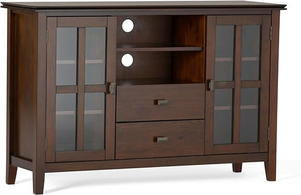 SIMPLIHOME Artisan SOLID WOOD Universal TV Media Stand, 53 inch Wide, Contemporary, Living Room Entertainment Center, Storage Shelves and Cabinets, for Flat Screen TVs up to 60 inches in Russet Brown - LeafyLoom