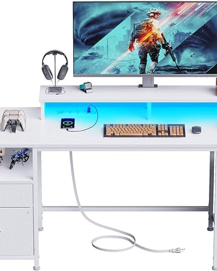 Furologee 61" Desk with LED Light & Power Outlets, Reversible Computer Desk with File Cabinet & Drawer, White Gaming Desk Writing Table with Dual Monitor Stand, for Home/Office/White - LeafyLoom