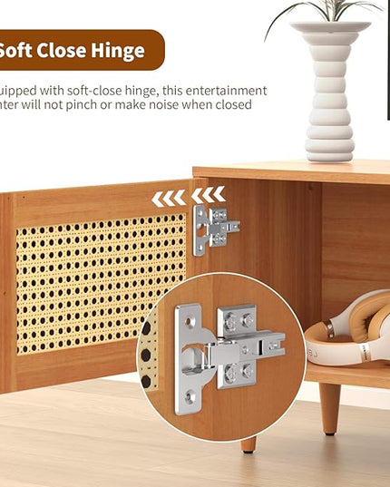 EasyCom TV Stand for 65 inch TV, Farmhouse Rattan Entertainment Center with Storage and Open Shelves, Mid Century Modern Entertainment Center with Natural Rattan Door - LeafyLoom