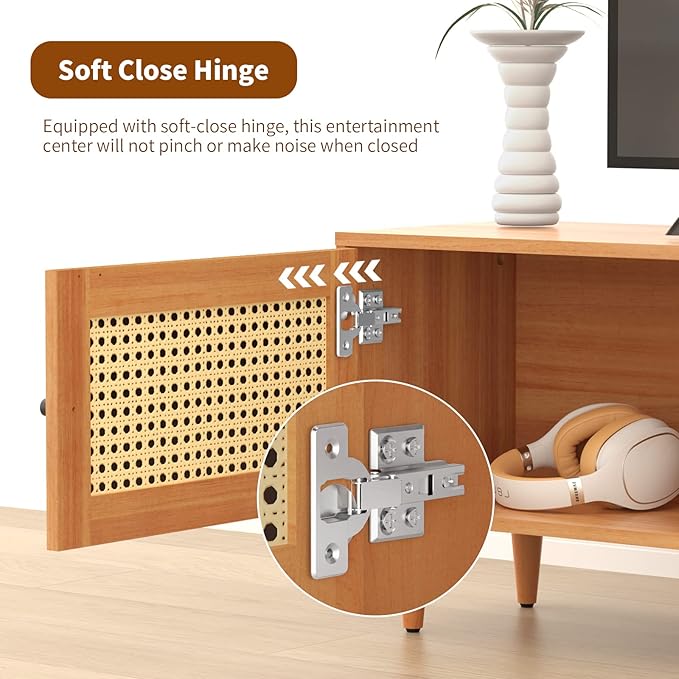 EasyCom TV Stand for 65 inch TV, Farmhouse Rattan Entertainment Center with Storage and Open Shelves, Mid Century Modern Entertainment Center with Natural Rattan Door - LeafyLoom