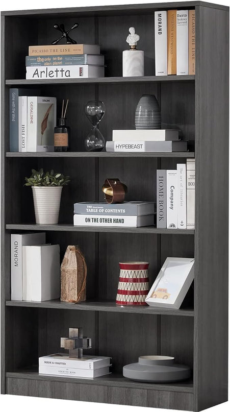 Farini Grey Bookshelf for Bedroom 5 Shelf Office Bookcase 60 Inches Tall Modern Wood Bookshelf for Living Room 5 Tier Wide Manga Bookshelf Library Bookcase - LeafyLoom