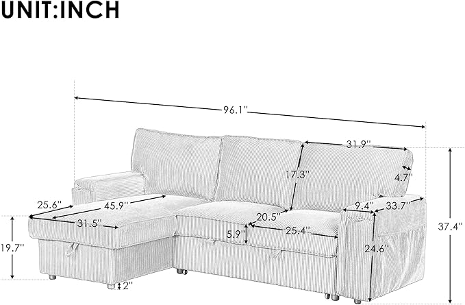 Corduroy Upholstered Convertible Sleeper Sectional Couch Pull Out Sofa Bed ,4 Seater L Shaped Corner Sofa&Couch Sofabed with Reversible Storage Chaise Lounge and Cupholders for Living Room Office - LeafyLoom