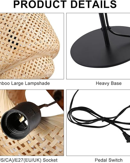 Rattan Floor Lamps-Bamboo 62inch Tall Standing Lighting Wicker Lantern Hanging Lamp E26 Fixture with Wooden Holder Industrial Metal Black Floor Lights for Living Room,Dinner Room - LeafyLoom