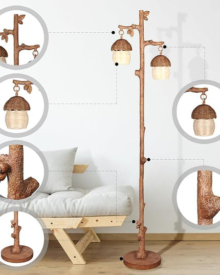 Rattan Floor Lamp with Faux Wood Finish, Boho Floor Lamps with Faux Pinecone and Leaves Decor, Brown - LeafyLoom