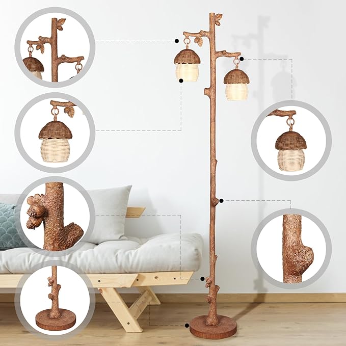 Rattan Floor Lamp with Faux Wood Finish, Boho Floor Lamps with Faux Pinecone and Leaves Decor, Brown - LeafyLoom