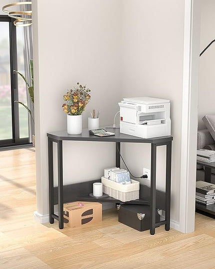 armocity Corner Desk Small Desk with Outlets Corner Table for Small Space, Corner Computer Desk with USB Ports Triangle Desk with Storage for Home Office, Workstation, Living Room, Bedroom, Black - LeafyLoom