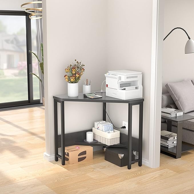 armocity Corner Desk Small Desk with Outlets Corner Table for Small Space, Corner Computer Desk with USB Ports Triangle Desk with Storage for Home Office, Workstation, Living Room, Bedroom, Black - LeafyLoom