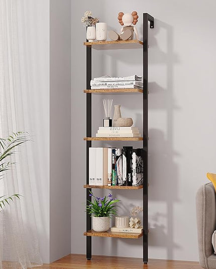 YMYNY 5 Tiers Ladder Bookcase, Industrial Wall Mounted Bookshelf, Open Display Rack with Metal Frame, Wooden Storage Shelves for Bedroom, Home Office, Plant Stand, Rustic Brown, 70*17.3*11.8"UHBC015H - LeafyLoom