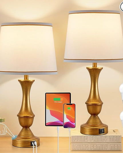 Table Lamps for Bedrooms Set of 2, Gold Bedside Lamps with USB C+A Ports, 3 Way Dimmable Nightstand Lamps with Fabric Lampshade, Touch Table Lamp for Living Room Bedroom Office, Bulbs Included - LeafyLoom