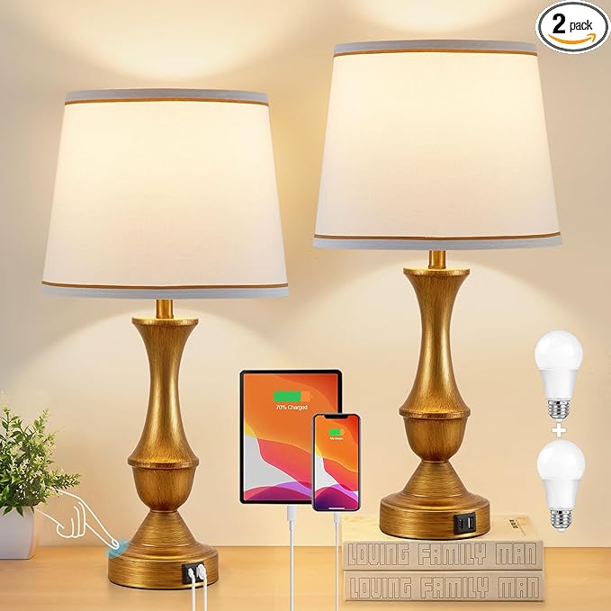 Table Lamps for Bedrooms Set of 2, Gold Bedside Lamps with USB C+A Ports, 3 Way Dimmable Nightstand Lamps with Fabric Lampshade, Touch Table Lamp for Living Room Bedroom Office, Bulbs Included - LeafyLoom