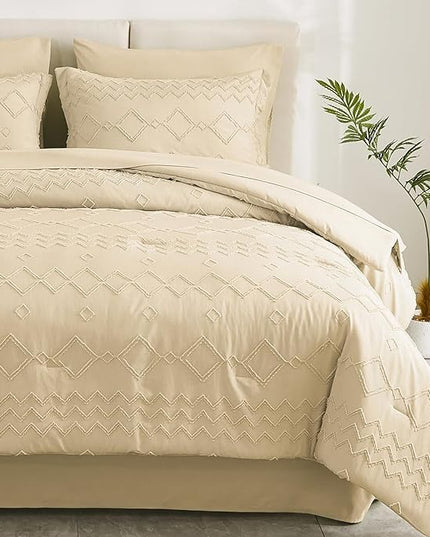 EMME Twin Comforter Set - 5 Pcs Beige Boho Bedding Sets, Tufted Comforter with Sheets, Shabby Chic Embroidery Twin Bed Set Fluffy Bed Bag for All Season(68"X90") - LeafyLoom