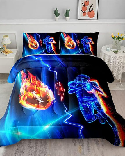 Axolotl Football Comforter Twin,Cool Blue Football Bedding Sports Theme Comforter Set for Boys,3D Rugby Sports Bedding Set Football Player On Fire for Boys Kids Teens,1 Quilt 2 Pillowcases,Black Blue - LeafyLoom