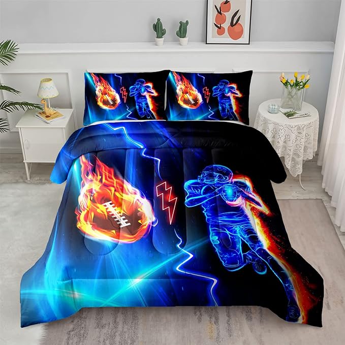 Axolotl Football Comforter Full,Cool Blue Football Bedding Sports Theme Comforter Set for Boys,3D Rugby Sports Bedding Set Football Player On Fire for Boys Kids Teens,1 Quilt 2 Pillowcases,Black Blue - LeafyLoom