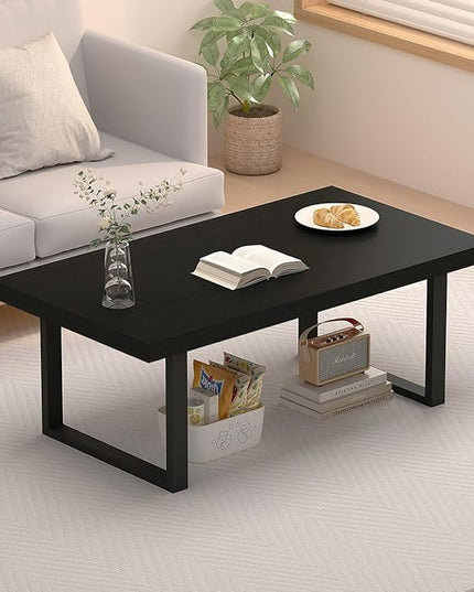 IBF Black Coffee Table, Minimalist Industrial Wooden Center Table, Modern Simple Rectangle Living Room Table, Farmhouse Wood and Metal Cocktail Coffee Table for Home Bedroom Office, Black Oak, 39 inch - LeafyLoom