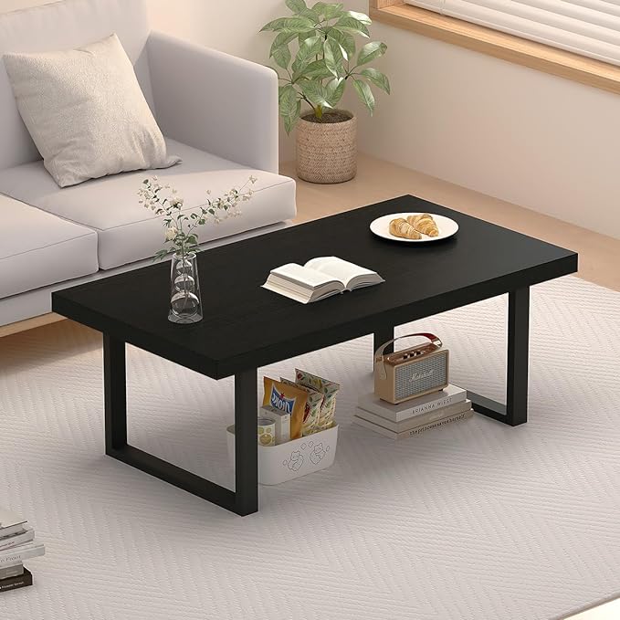 IBF Black Coffee Table, Minimalist Industrial Wooden Center Table, Modern Simple Rectangle Living Room Table, Farmhouse Wood and Metal Cocktail Coffee Table for Home Bedroom Office, Black Oak, 39 inch - LeafyLoom