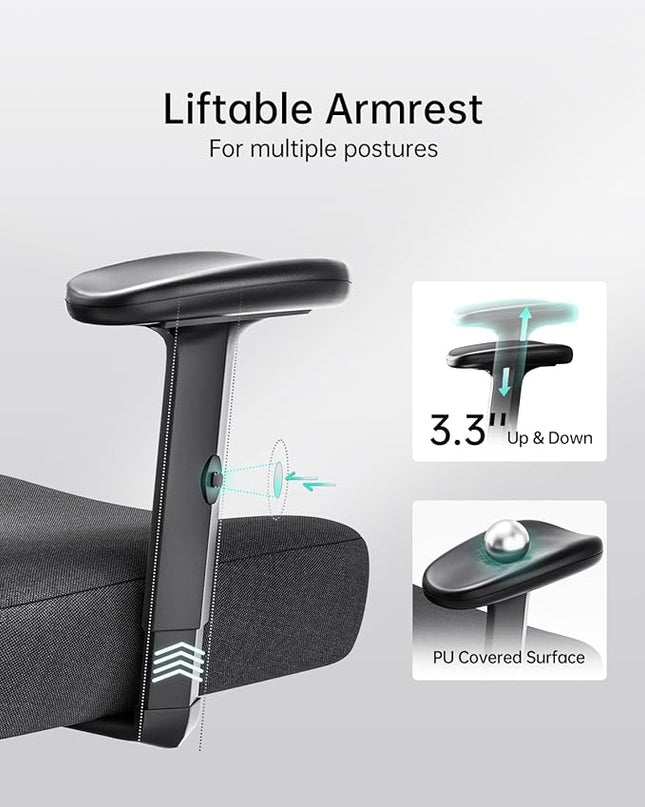 Hbada P3 Ergonnomic Office Chair with 2D Adjustable Lumbar Support, Office Chair with Adjustable Headrest and Armrest, 145° Stepless Tilt Function, Thick Seat Cushion, Black(No Footrest) - LeafyLoom