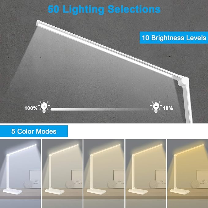 Linkstyle LED Desk Lamp, Table Light with USB Charging Port, Foldable Dimmable 5 Modes 10 Brightness Levels Touch Control Desk Light Auto Timer Eye Caring Book Reading Lamps for Home Office - LeafyLoom