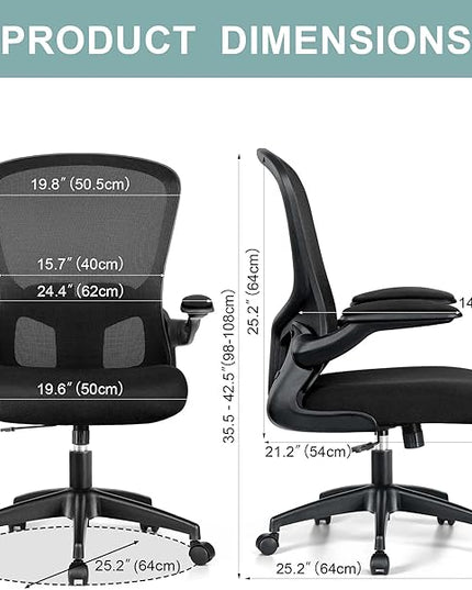 Office Chair, Ergonomic Desk Chair with Lumbar Support and Flip-up Armrest, Height Adjustable Mesh Swivel Computer Office Chair Black - LeafyLoom