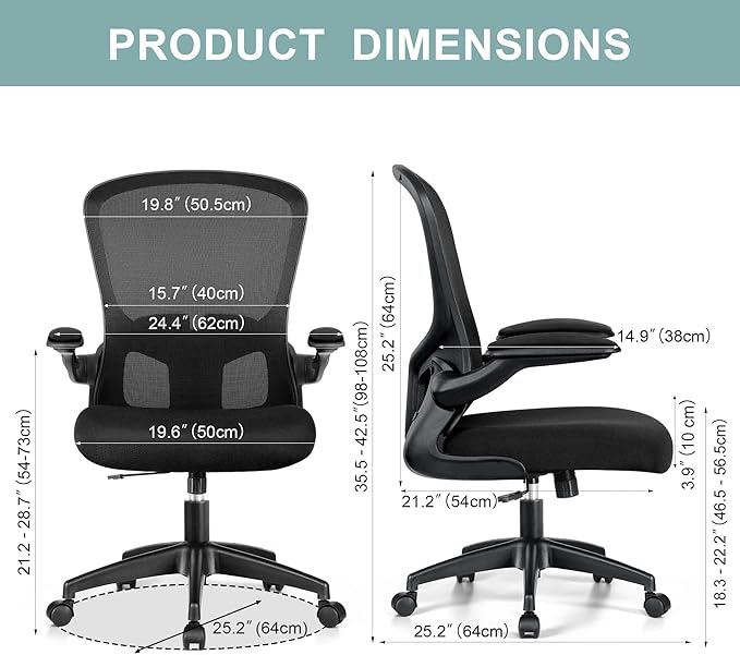 Office Chair, Ergonomic Desk Chair with Lumbar Support and Flip-up Armrest, Height Adjustable Mesh Swivel Computer Office Chair Black - LeafyLoom