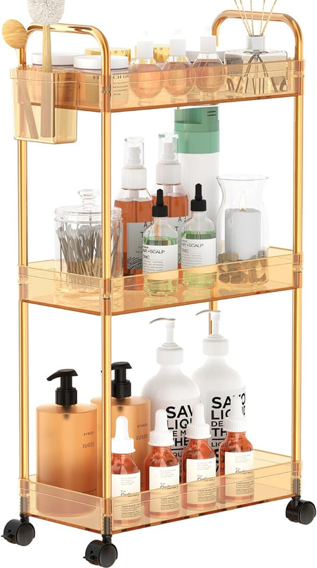 SPACEKEEPER 3 Tier Utility Storage Cart Rolling Bathroom Organizer, Transparency Mobile Shelving Unit Clear Rolling Utility Cart Multifunction, Amber - LeafyLoom
