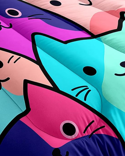 Cat Comforter Full Size - Full Size Comforter Girl Cat Cute Cat Bedding for Girls Kids Full Size Bedding Set Cats Colorful Cartoon Cat Comforter Set, 1 Comforter+2 Pillowcases - LeafyLoom