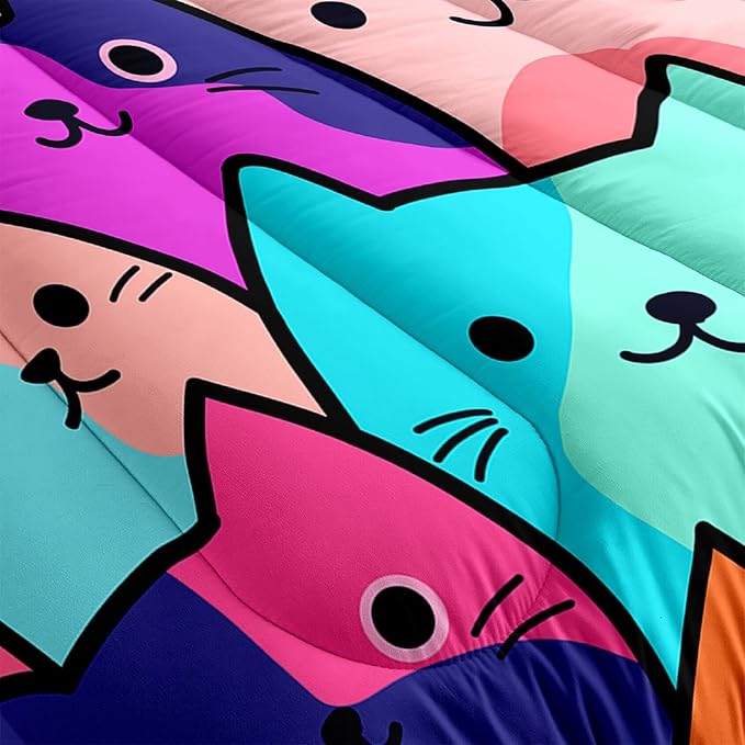 Cat Comforter Full Size - Full Size Comforter Girl Cat Cute Cat Bedding for Girls Kids Full Size Bedding Set Cats Colorful Cartoon Cat Comforter Set, 1 Comforter+2 Pillowcases - LeafyLoom