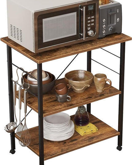 sogesfurniture 3-Tier Kitchen Baker's Rack Utility Shelf Microwave Oven Stand Storage Cart Workstation Shelf 3-Tier Kitchen Utility Cart on Wheels with Storage, Rustic Brown - LeafyLoom