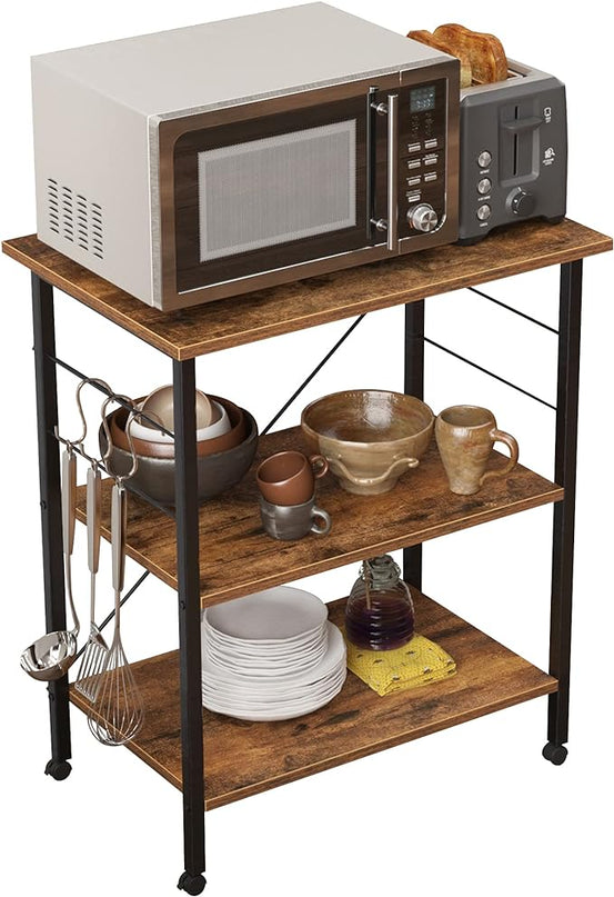 sogesfurniture 3-Tier Kitchen Baker's Rack Utility Shelf Microwave Oven Stand Storage Cart Workstation Shelf 3-Tier Kitchen Utility Cart on Wheels with Storage, Rustic Brown - LeafyLoom