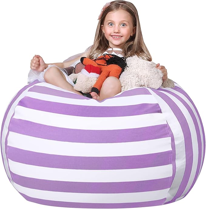 Wekapo Stuffed Animal Storage Bean Bag Chair Cover for Kids | Stuffable Zipper Beanbag for Organizing Children Plush Toys Large Premium Cotton Canvas (Purple, XX-Large) - LeafyLoom