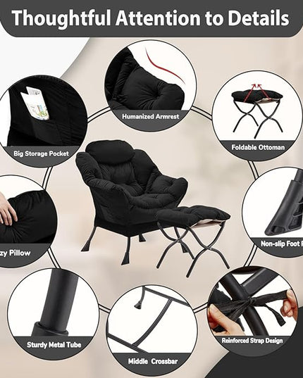 Lazy Chair with Folding Ottoman, Accent Chair Velvet Upholstered with Metal Structure and Non-Slip Pads, Sofa Armchair with Footrest and Side Storage Bag for Dorm, Room, Office, Black - LeafyLoom