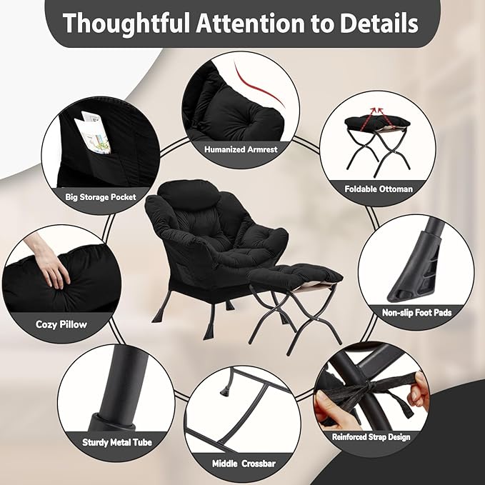 Lazy Chair with Folding Ottoman, Accent Chair Velvet Upholstered with Metal Structure and Non-Slip Pads, Sofa Armchair with Footrest and Side Storage Bag for Dorm, Room, Office, Black - LeafyLoom
