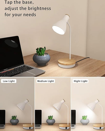 Metal Desk Lamp Touch Reading Lights Table Lamp Arc Desk Lamps for Bedroom, 3 Way Dimmable Bedside Lamp with USB Charging Ports, Reading Lamp for Study Room and Office - (White-02) - LeafyLoom