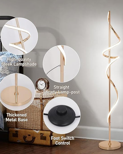 LED Floor Lamp for Living Room, 60inch Gold Floor Lamp with Remote Control, 48W Dimmable Led Floor Lamp with 3 Color Temperatures, Indoor Modern Spiral Floor Lamp for Living Room, Bedroom, Office - LeafyLoom