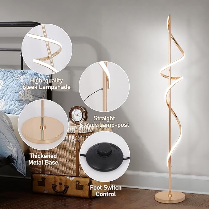 LED Floor Lamp for Living Room, 60inch Gold Floor Lamp with Remote Control, 48W Dimmable Led Floor Lamp with 3 Color Temperatures, Indoor Modern Spiral Floor Lamp for Living Room, Bedroom, Office - LeafyLoom