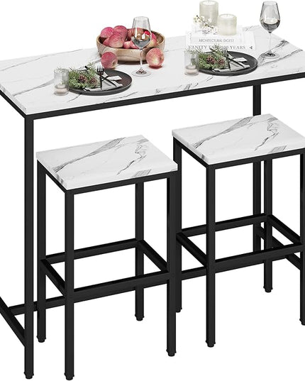 Yongchuang 3 Piece Bar Table Set, Bar Table and Chairs Set of 2, Modern Counter Height Table with 2 Stools for Kitchen, Dining Room, Living Room Breakfast Table White Faux Marble Wood Top - LeafyLoom